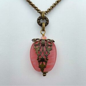 Stunning Jan Michaels Designer Necklace Pink Glass Pendant Antique Brass